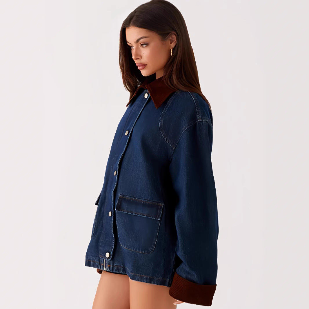Damen Denimjacke mit Kapuze und kontrastierenden Ärmeln Heidi-Mode