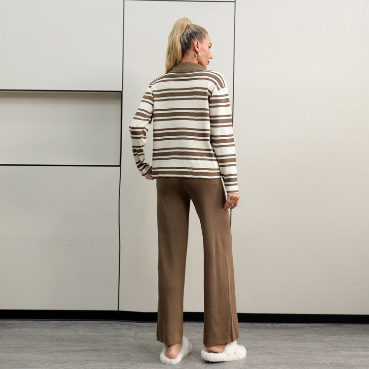 Damen elegantes Strick-Loungewear-Set mit einem modischen Kragen und weit geschnittenen Hosen Heidi-Mode