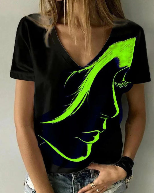 Damen V-Ausschnitt T-Shirt mit kreativem Grafikdruck Heidi-Mode