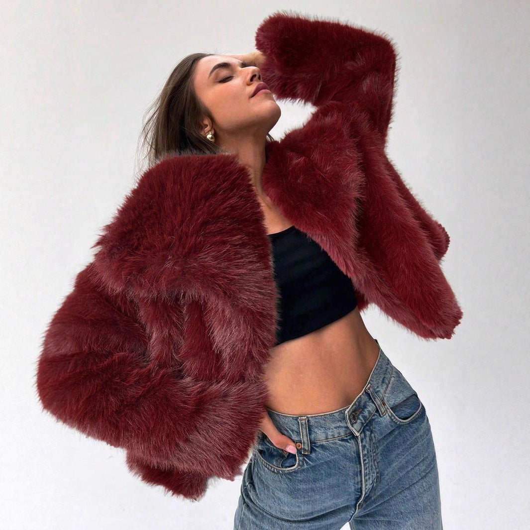 Damen Modischer Kunstpelz-Cropped-Jacke mit voluminösen Ärmeln Heidi-Mode