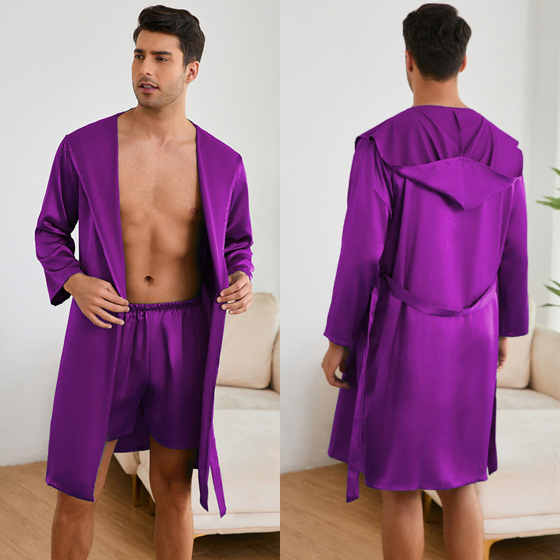 Herren Satin Bademantel mit praktischem Kapuzen-Design Heidi-Mode