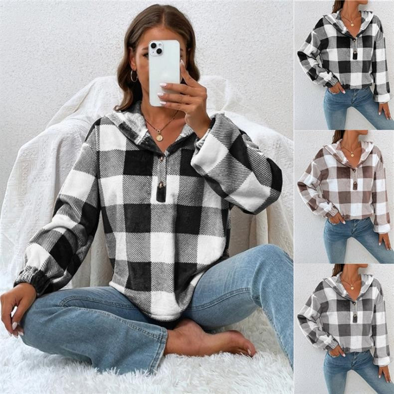Damen Gemusterte Karo-Hoodie-Bluse Heidi-Mode