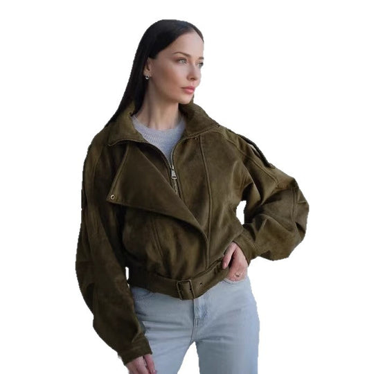 Damen Stilvolle Kurzjacke mit Gürtel und asymmetrischem Schnitt Heidi-Mode