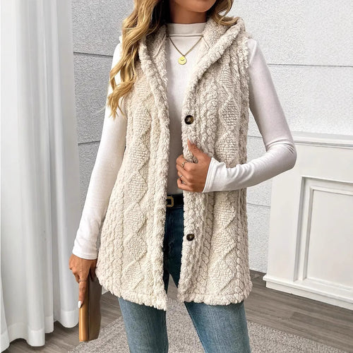 Damen Plüschweste mit Kapuze und Knopfverschluss Heidi-Mode