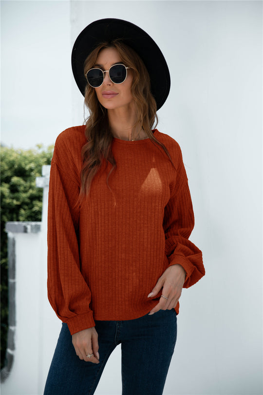 Damen lässiger Pullover mit Rippstruktur und Ballonärmeln Heidi-Mode