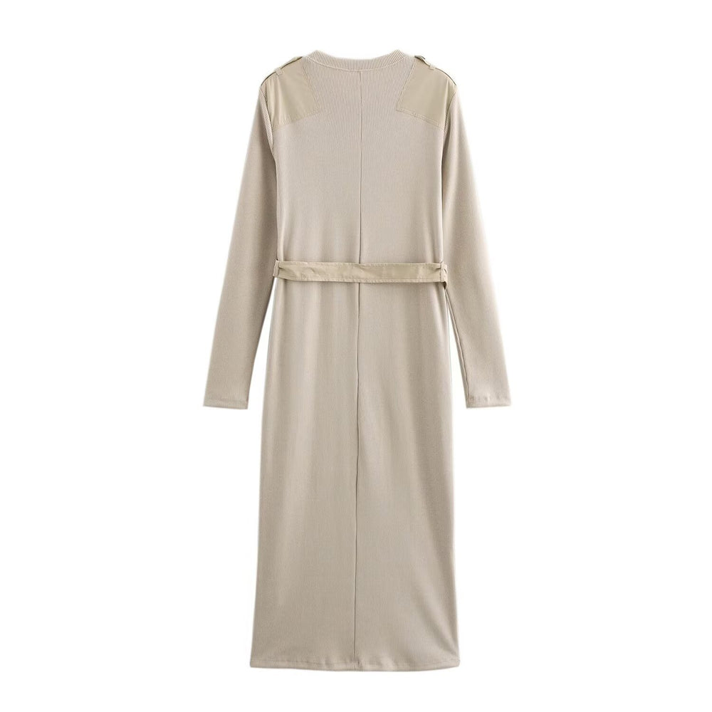 Damen Langarm-Kleid mit dekorativem Gürtel und Schulterdetails Heidi-Mode