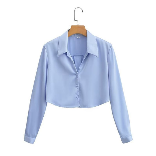 Damen Crop-Bluse mit elegantem Kragen und durchgehendem Knopfverschluss Heidi-Mode