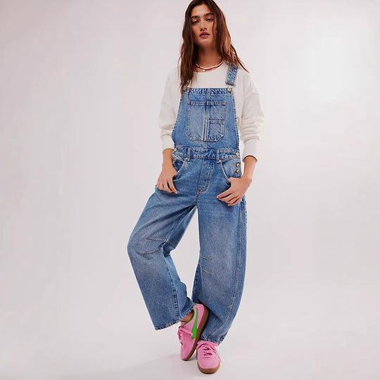 Damen Lässige Denim-Latzhose mit Weit geschnittenem Bein Heidi-Mode