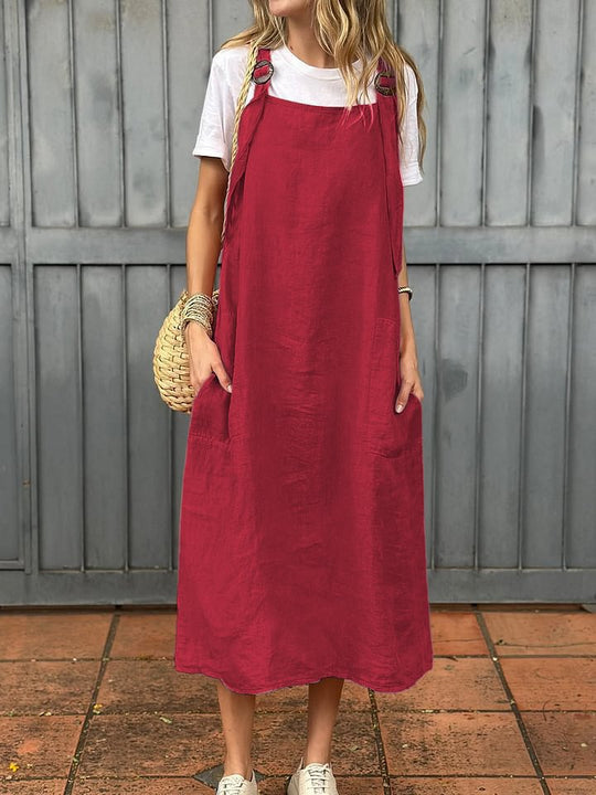 Damen Lässiges Leinen-Latzkleid mit praktischen Seitentaschen und verstellbaren Trägern Heidi-Mode