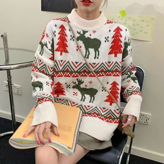 Damen Grobstrickpullover mit festlichem Rentier-Motiv und Rundhalsausschnitt Heidi-Mode