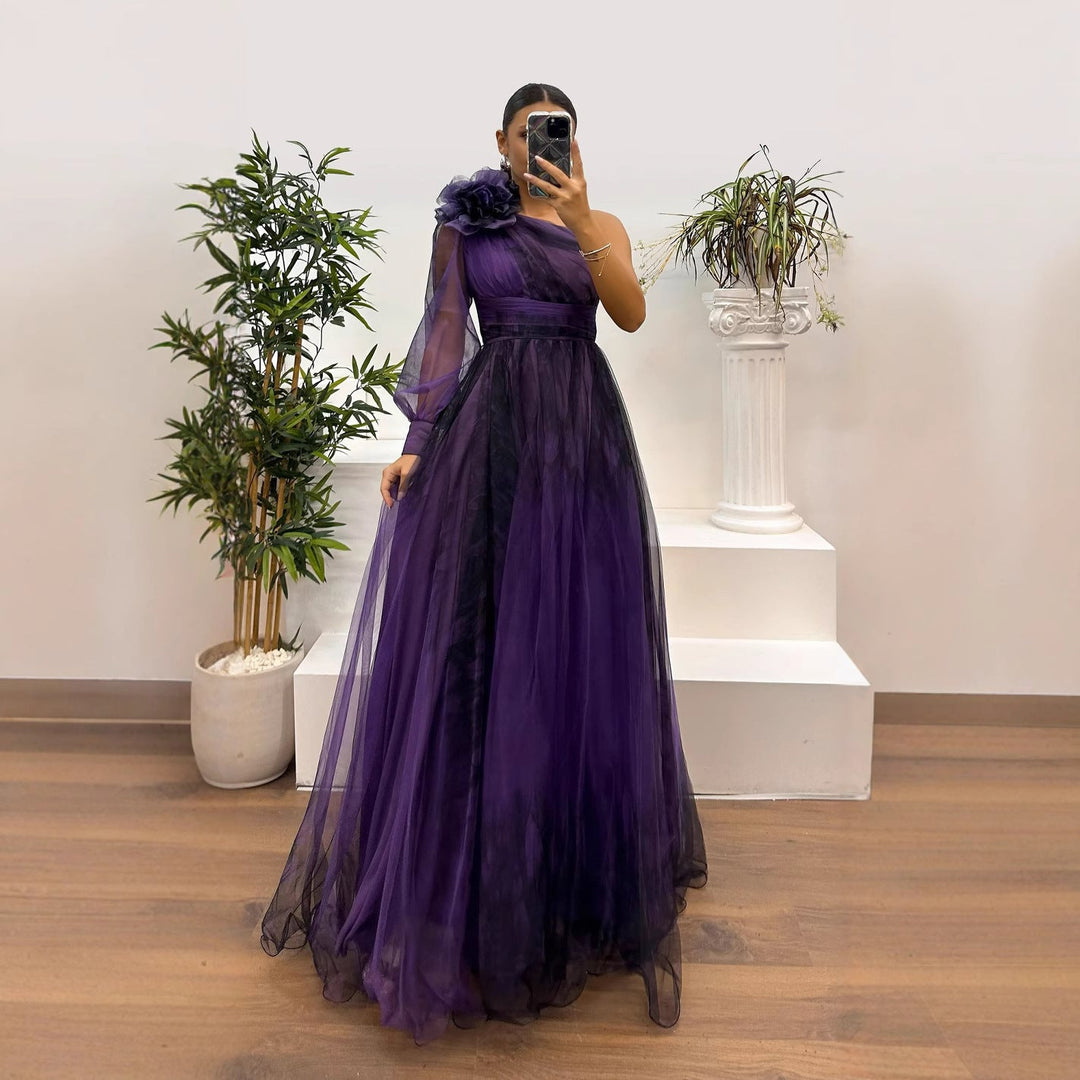 Heidi-Mode | Frühling Herbst Schräg Schulter Mesh Blumenmuster Kleid Lässig Locker Festlich Kleid
