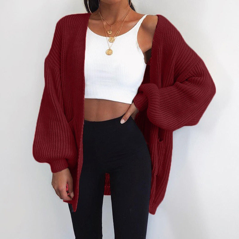 Damen Grobstrick-Cardigan mit weitem Schnitt und lässigen Puffärmeln Heidi-Mode