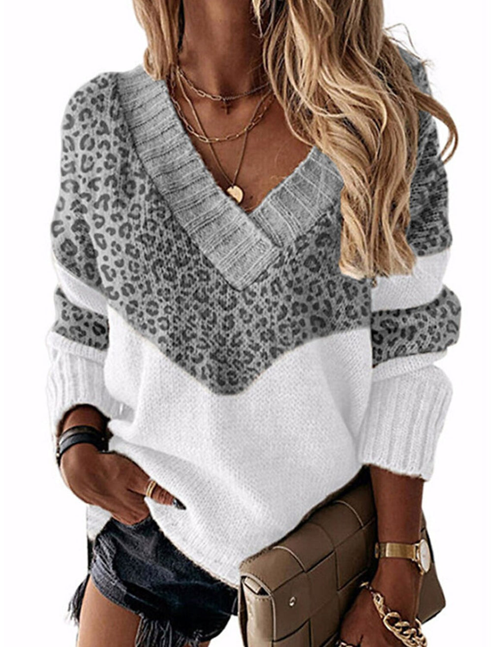 Damen modischer V-Ausschnitt Pullover mit Leopardenmuster Heidi-Mode