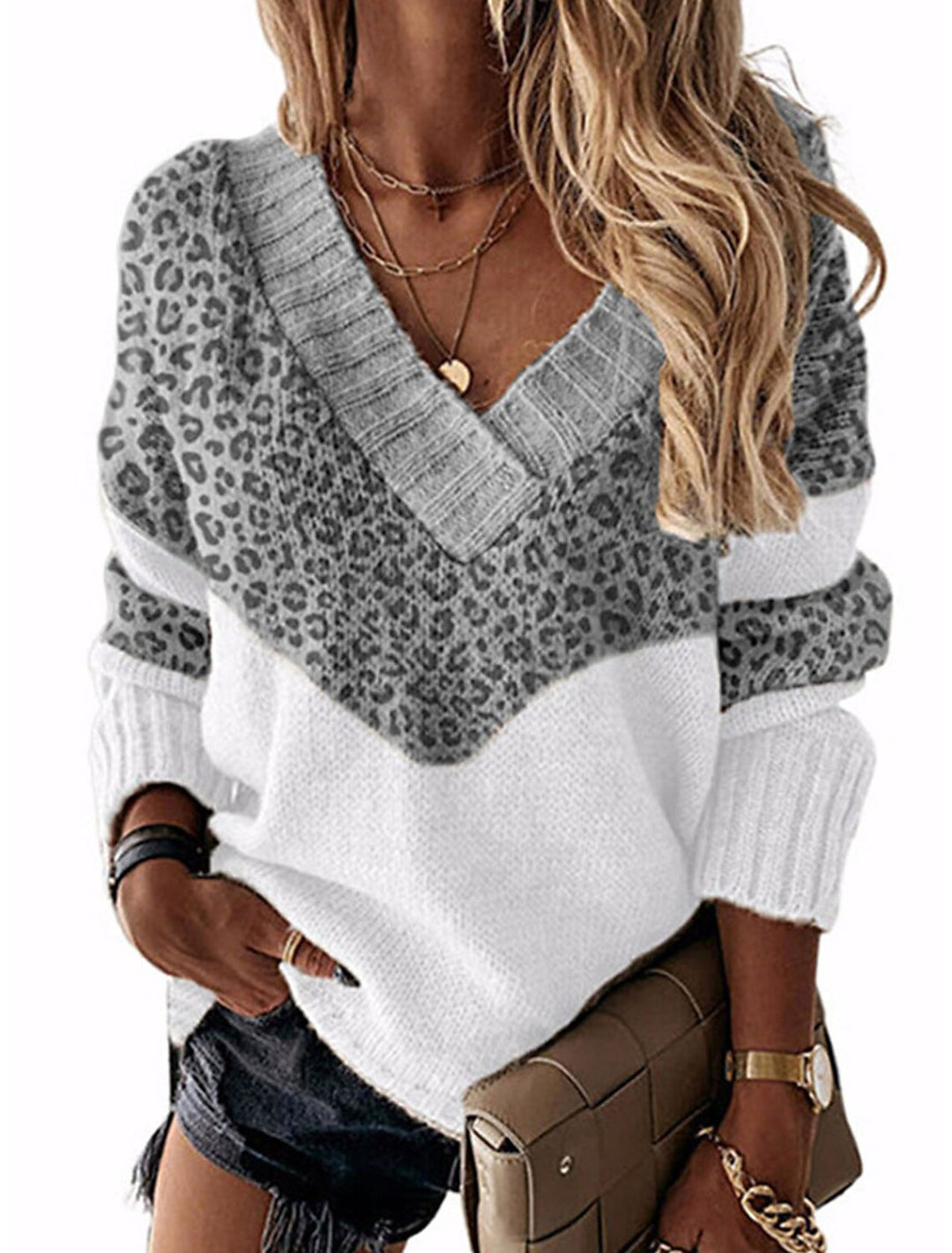 Damen modischer V-Ausschnitt Pullover mit Leopardenmuster Heidi-Mode