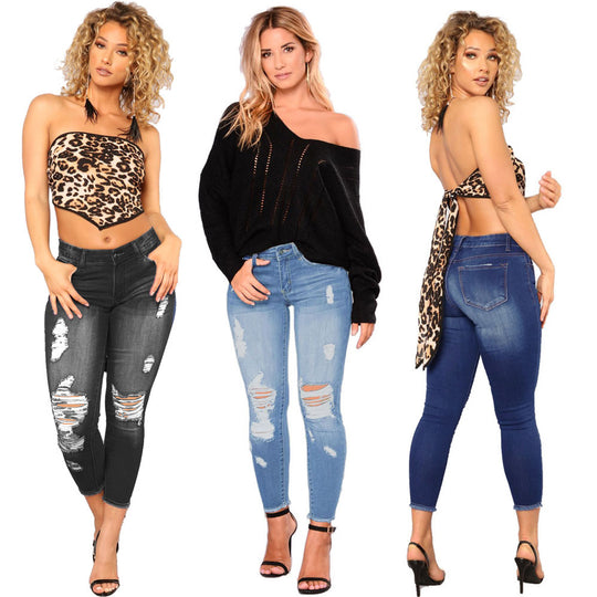 Damen Skinny Jeans im modernen Destroyed-Look mit hohem Bund Heidi-Mode