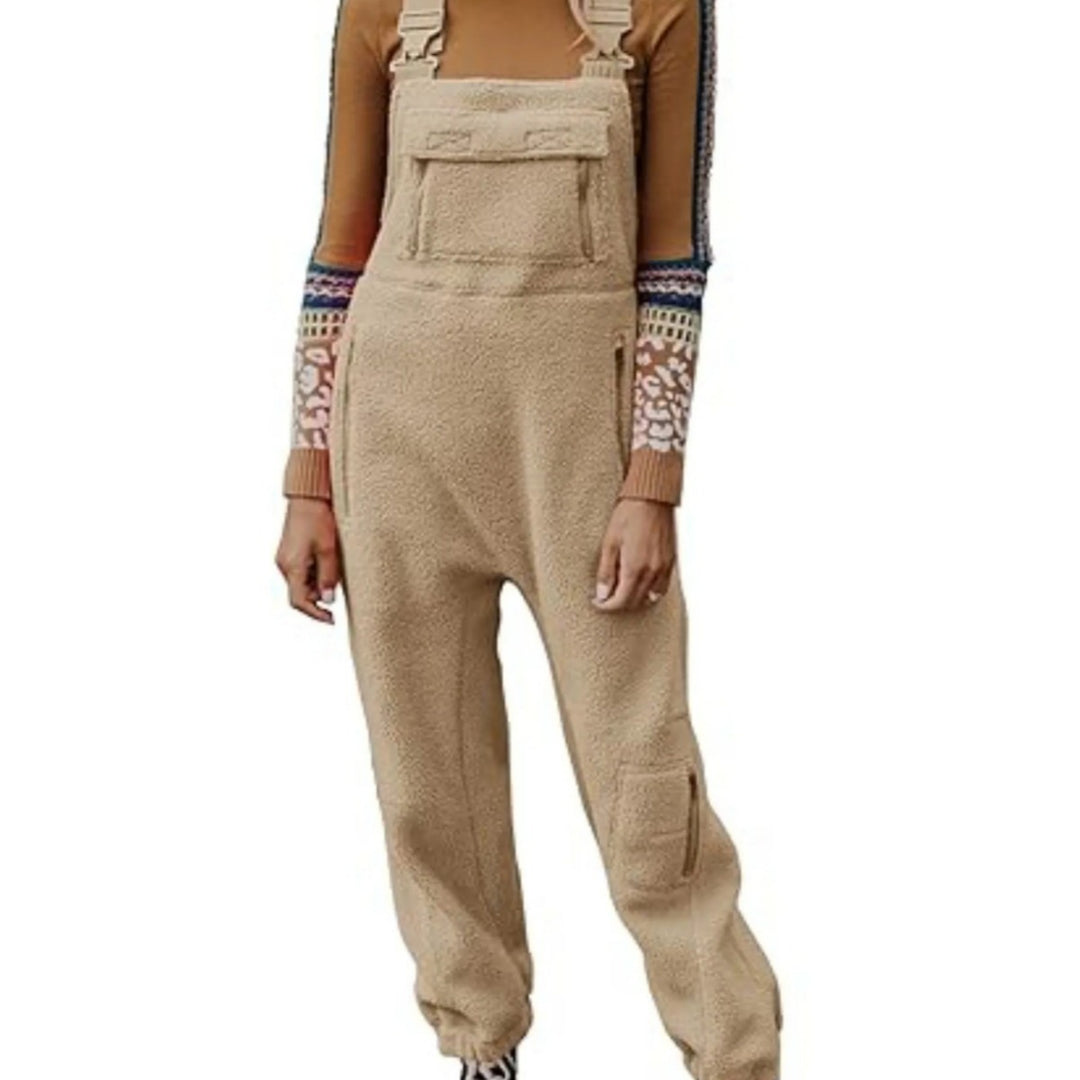 Damen Flauschiger Overall mit verstellbaren Trägern und Eingrifftaschen Heidi-Mode