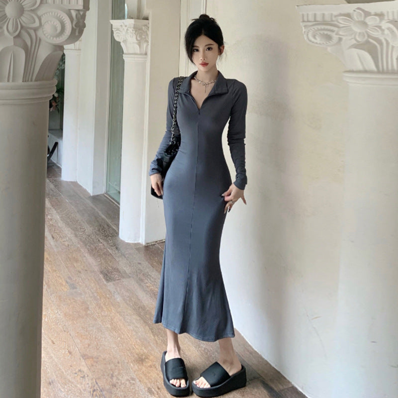 Heidi-Mode | Slim Fit Reißverschluss V-Ausschnitt Knielang Meerjungfrau Kleid