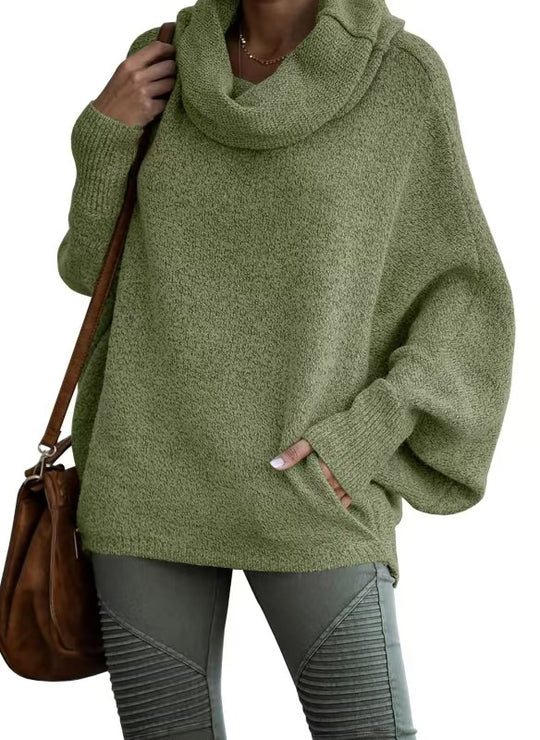 Damen lässiger Strickpullover mit weichem Stehkragen und weit geschnittenen Ärmeln Heidi-Mode