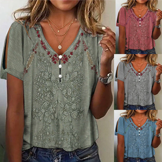 Damen Kurzarmbluse mit floralen Stickereien und Knopfdetails Heidi-Mode