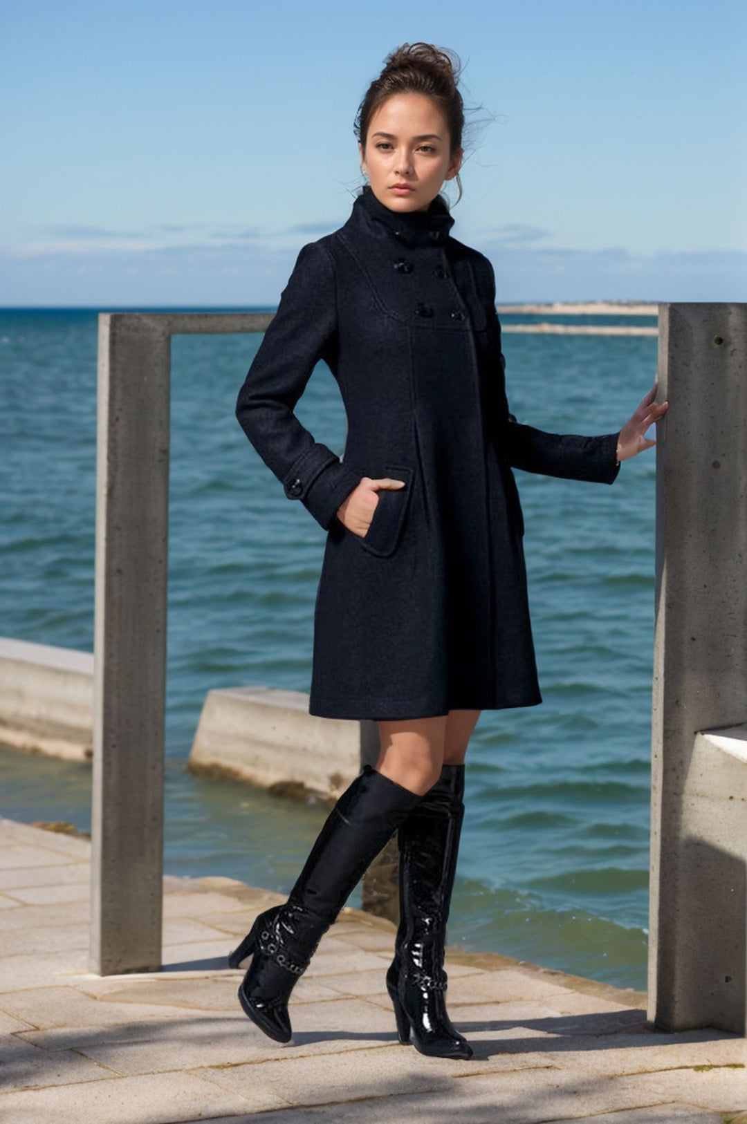 Damen eleganter Wollmantel mit modernem Kragen und praktischen Taschen Heidi-Mode