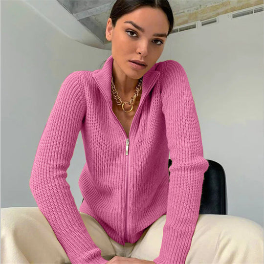 Damen Strickjacke mit hohem Kragen und innovativem Zipper Heidi-Mode