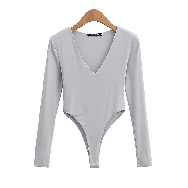 Damen figurbetontes Langarmbodysuit mit tiefem V-Ausschnitt Heidi-Mode