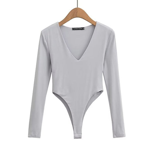 Damen figurbetontes Langarmbodysuit mit tiefem V-Ausschnitt Heidi-Mode