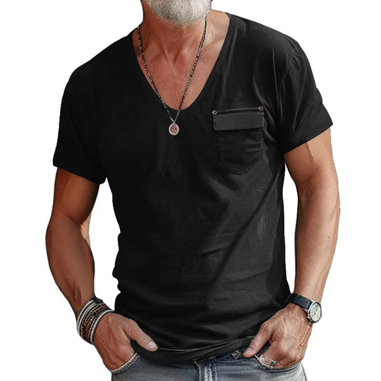 Herren T-Shirt mit V-Ausschnitt und praktischer Brusttasche Heidi-Mode
