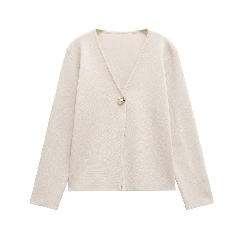 Damen schicke Strickjacke mit elegantem V-Ausschnitt und dekorativem Knopf Heidi-Mode