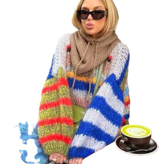 Damen Grobstrickpullover mit buntem Zopfmuster und weitem Schnitt Heidi-Mode