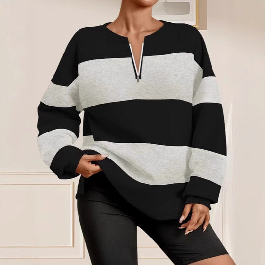 Damen Langarm Sweatshirt mit modernem Reißverschluss und gestreiftem Design Heidi-Mode