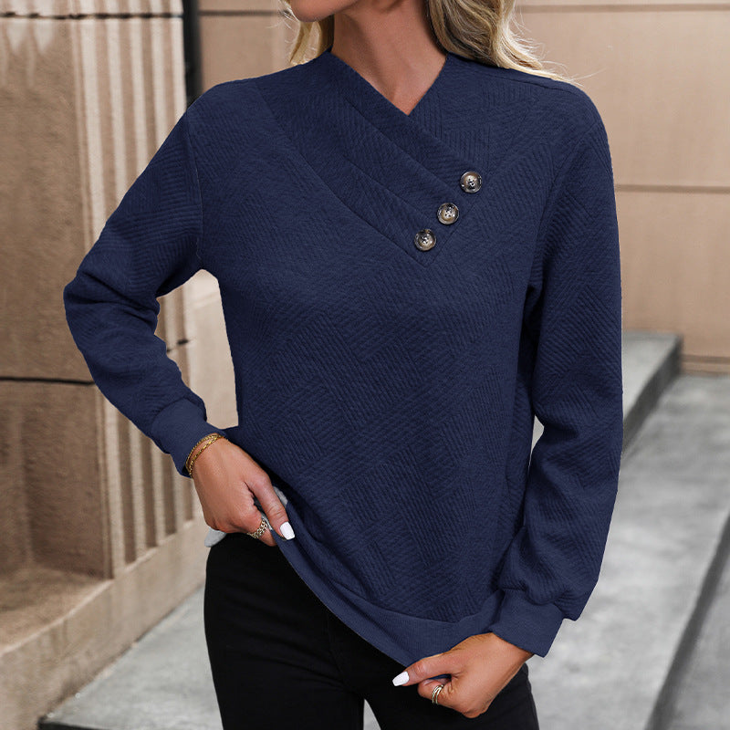 Damen eleganter Pullover mit asymmetrischem Ausschnitt und Knopfdetails Heidi-Mode