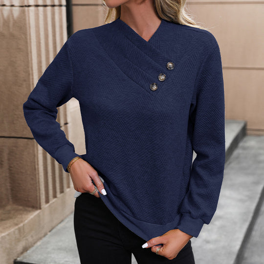 Damen eleganter Pullover mit asymmetrischem Ausschnitt und Knopfdetails Heidi-Mode