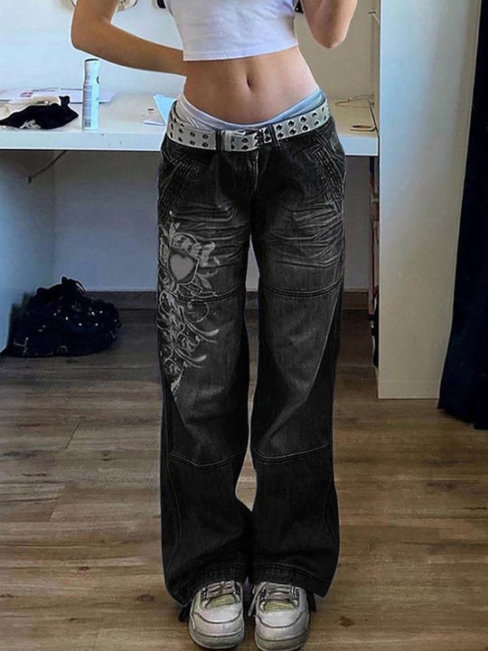 Damen Weit geschnittene Jeans mit einzigartigem Design und prominentem Druck Heidi-Mode