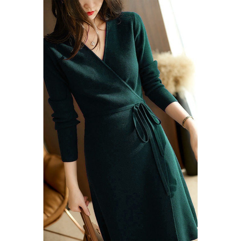 Damen Wickelkleid mit langem Ärmel und eleganter Taillenkordelung Heidi-Mode