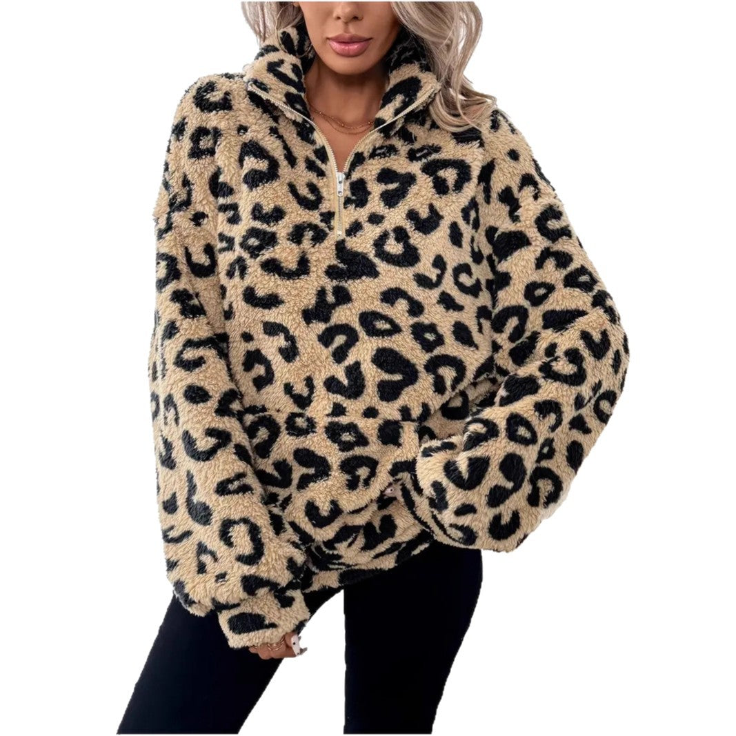 Damen Fleece-Pullover mit stylischem Leopardenmuster Heidi-Mode