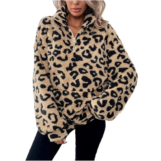 Damen Fleece-Pullover mit stylischem Leopardenmuster Heidi-Mode