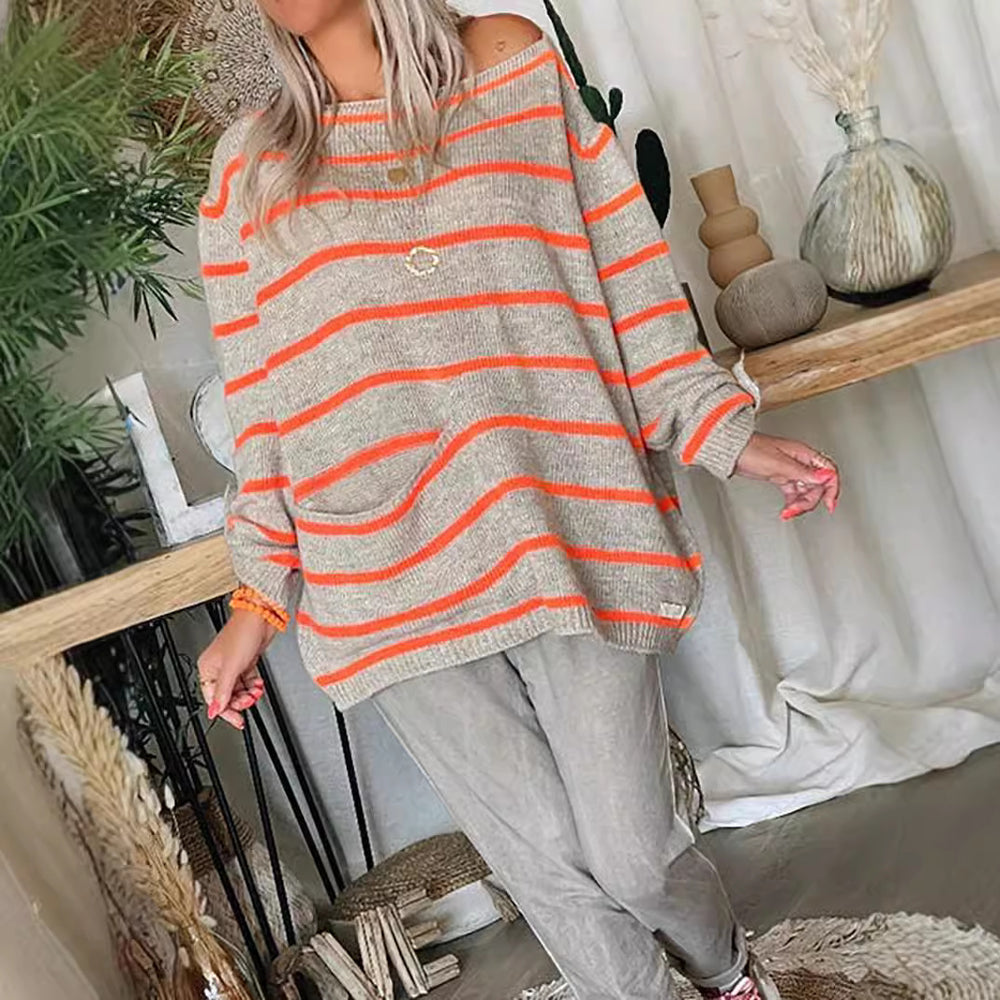 Damen lässiger Strickpullover mit elegantem Streifenmuster und praktischer Brusttasche Heidi-Mode