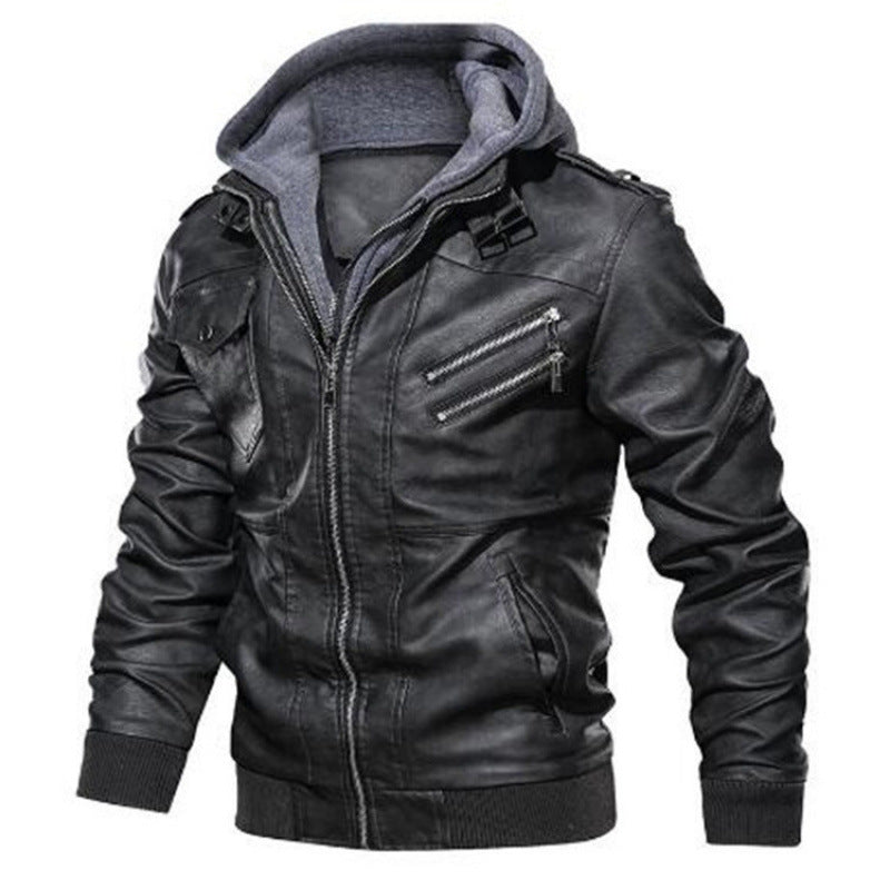 Herren Lederjacke im modernen Biker-Stil mit abnehmbarer Kapuze Heidi-Mode