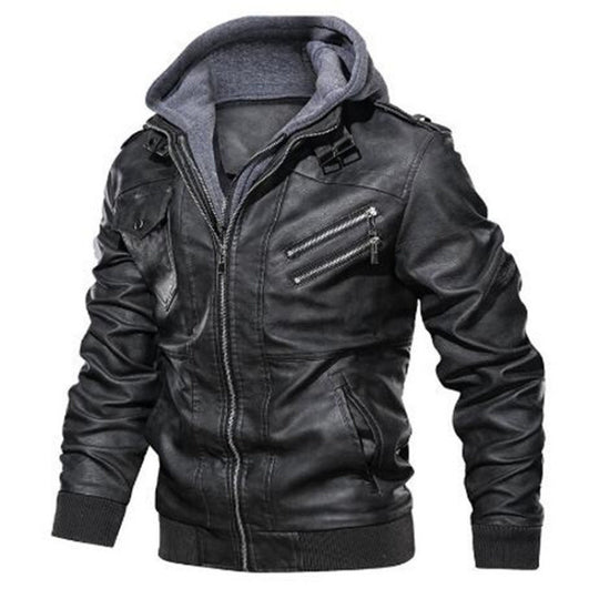 Herren Lederjacke im modernen Biker-Stil mit abnehmbarer Kapuze Heidi-Mode