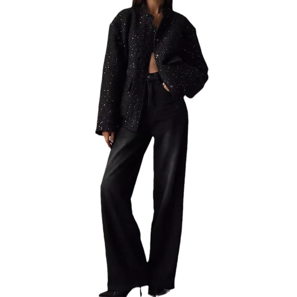 Damen Glamouröse Glitzerjacke mit oversized Schnitt und modischen Taschen Heidi-Mode