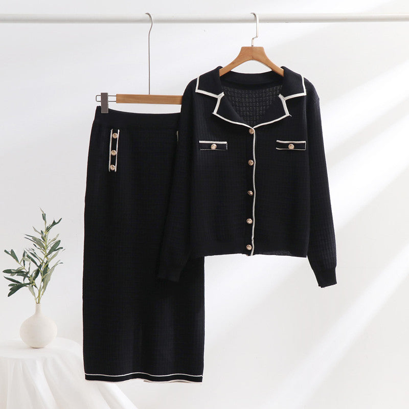 Damen elegantes Strickensemble mit dekorativem Kragen und aufgesetzten Taschen Heidi-Mode