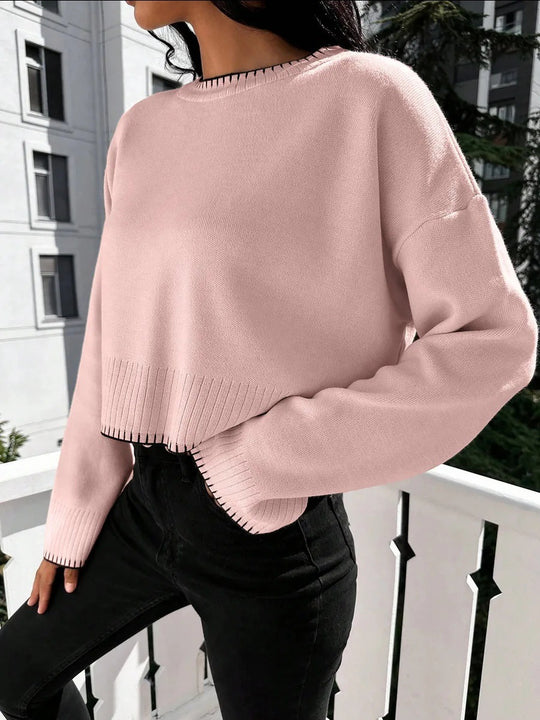 Damen lässiger Crop-Pullover mit strukturierten Säumen und Rundhalsausschnitt Heidi-Mode