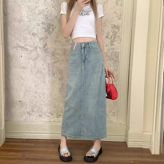 Damen Langer Denimrock mit seitlichem Schlitz und stylishen Details Heidi-Mode