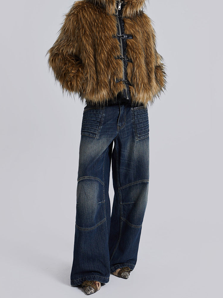 Damen Gemusterte und weiche Kunstfelljacke mit Kapuze Heidi-Mode