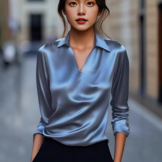 Damen Edles Satin-Oberteil mit V-Ausschnitt und klassischem Kragen Heidi-Mode
