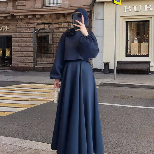 Damen Elegantes Maxi-Kleid mit Puffärmeln und dekorativem Blumen-Detail Heidi-Mode