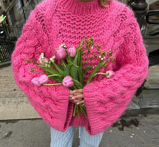 Damen oversize Strickpullover mit Zopfstrickmuster Heidi-Mode