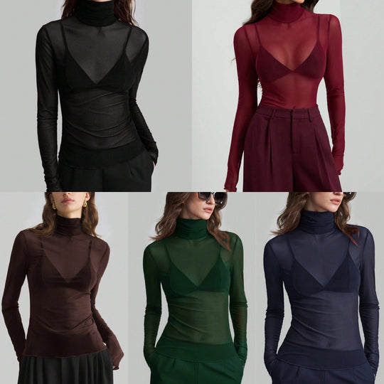 Damen Transparente Turtleneck-Bluse mit figurformendem Schnitt Heidi-Mode