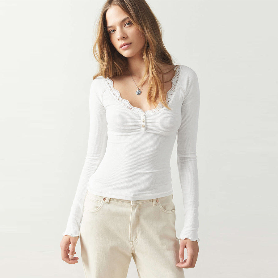 Damen Langarmshirt mit Spitzendetails und Knopfleiste Heidi-Mode